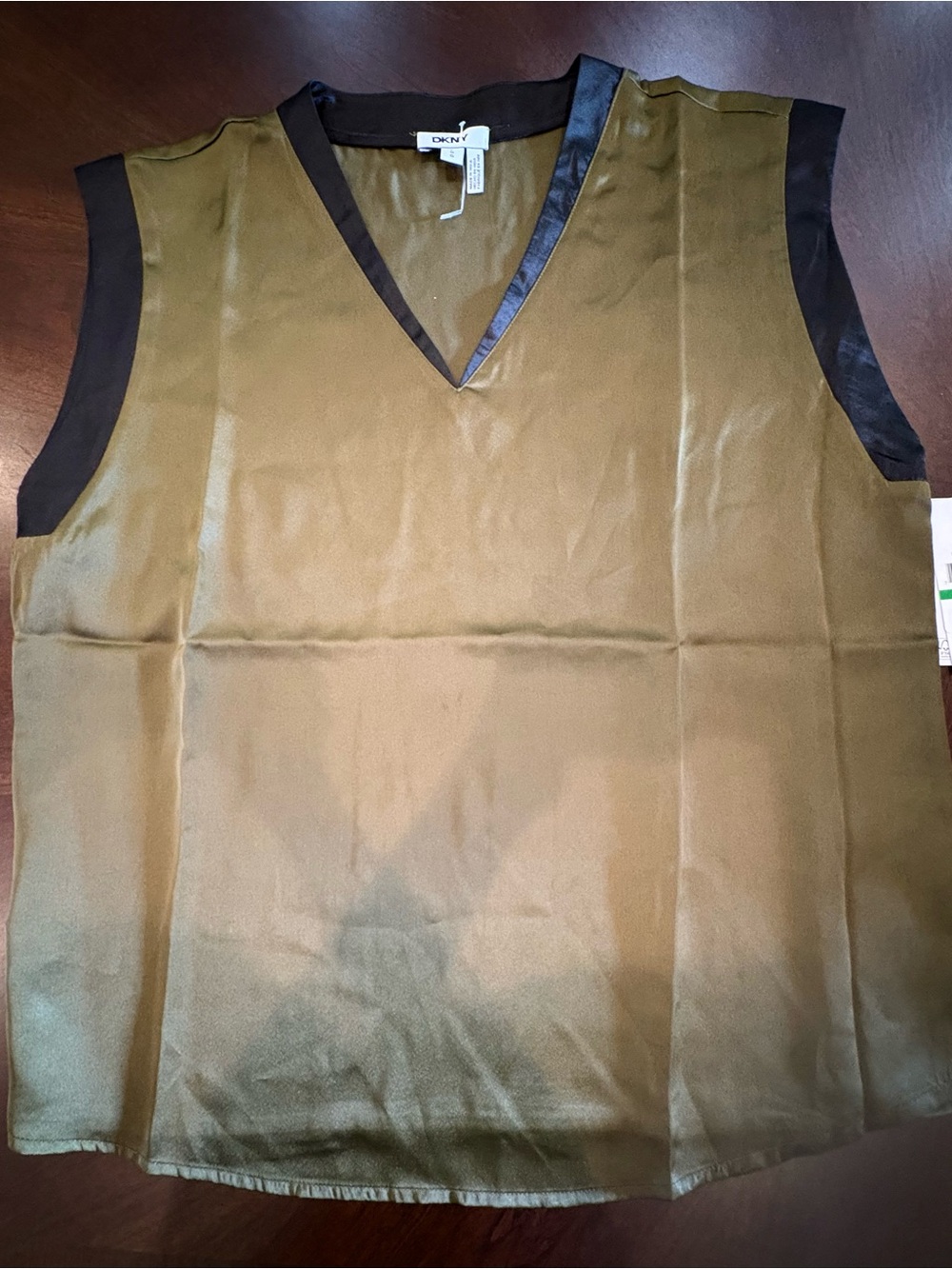 DKNY Olive Green Sleeveless V-Neck Tank with Black Trim